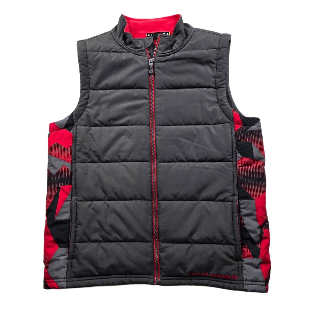 Under Armour Puffer Vest Kids Youth Large Grey Red Polyester Quilted Loose‎ Fit